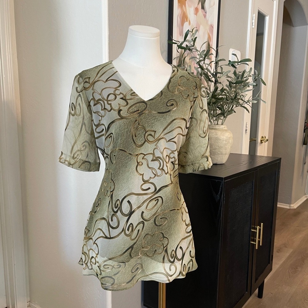 Fitted Abstract Floral Burnout Top Womens Large Green Vintage 90s Fairycore Y2K